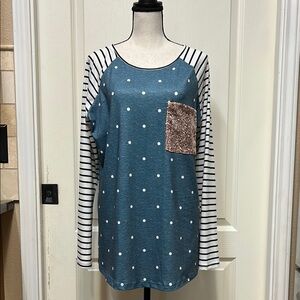 Private Label Teal Polka Dot and Striped Women's Top Large